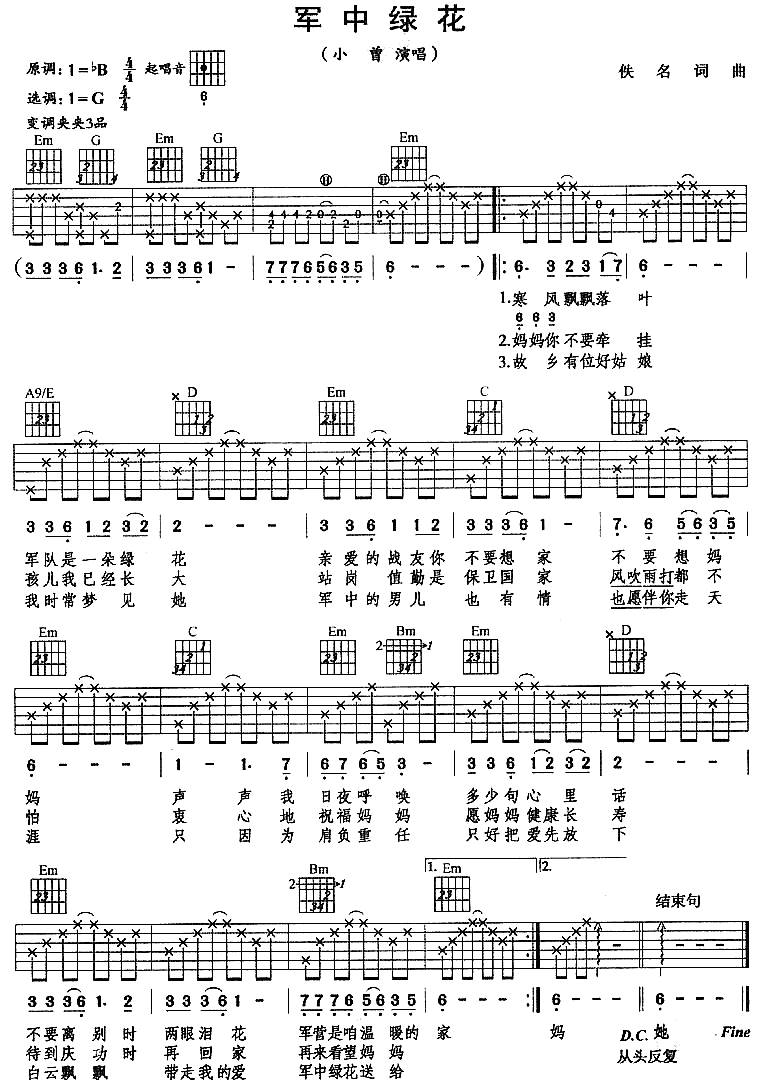 军中绿花吉他谱 