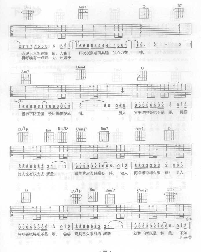 男人哭吧不是罪吉他谱