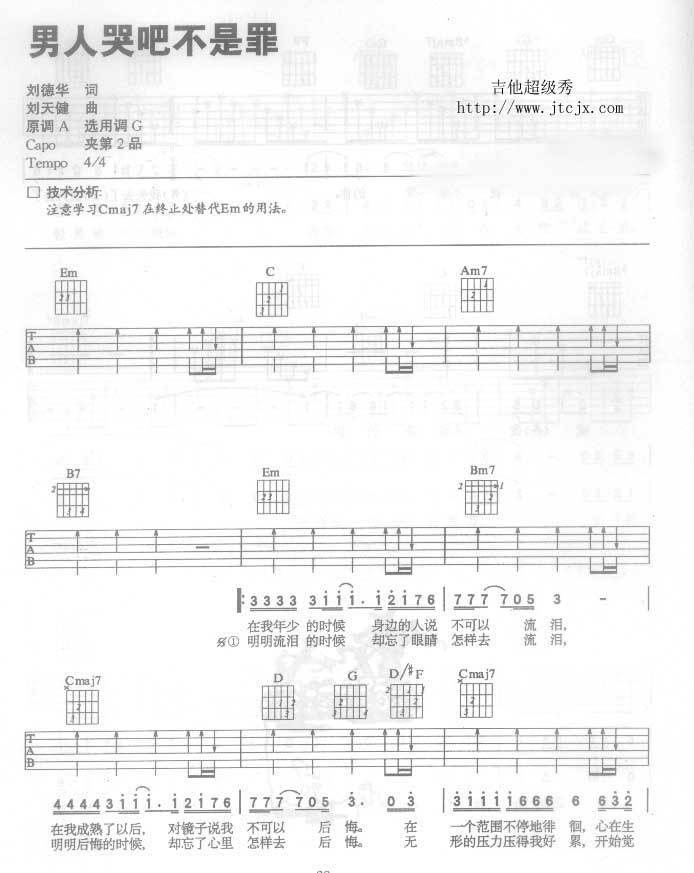男人哭吧不是罪吉他谱