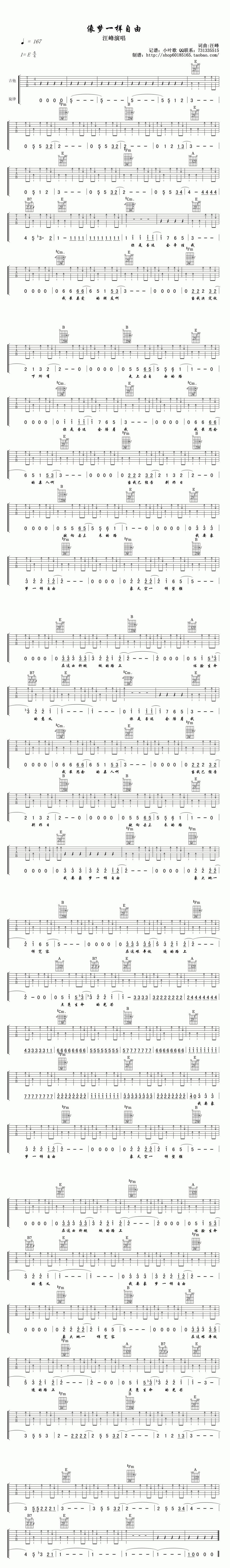 像梦一样自由 新手版吉他谱 