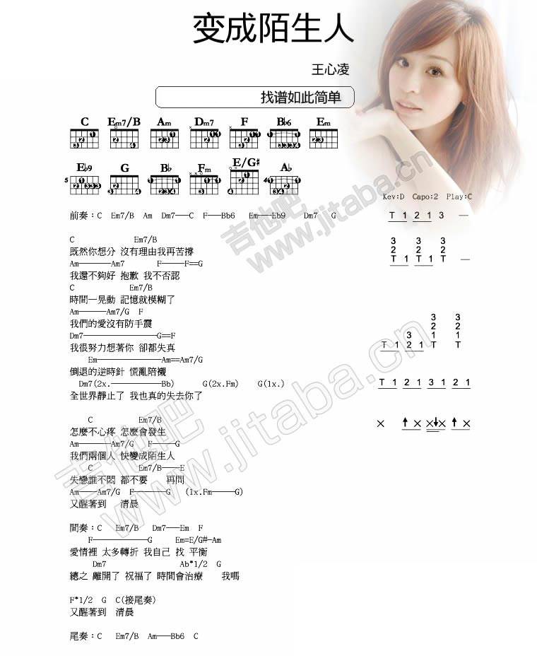 变成陌生人 最新版吉他谱 