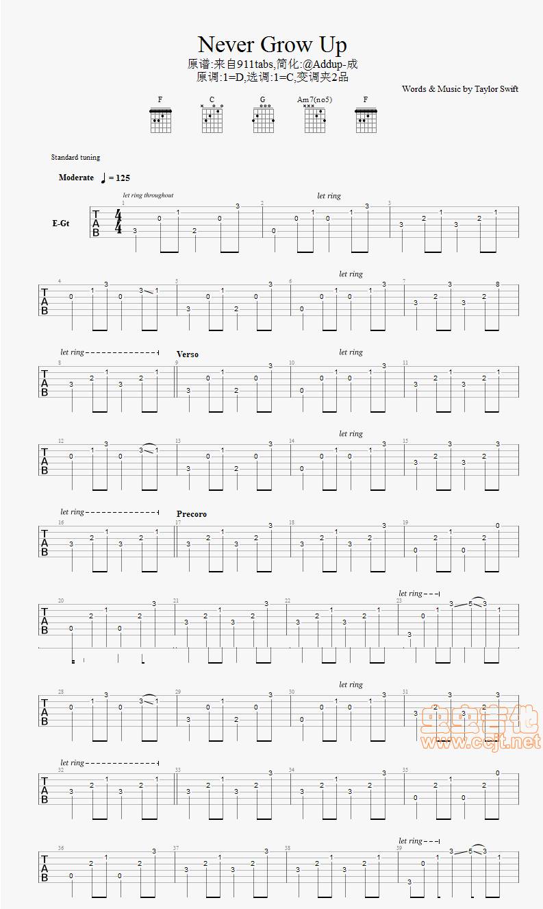 Never Grow Up吉他谱