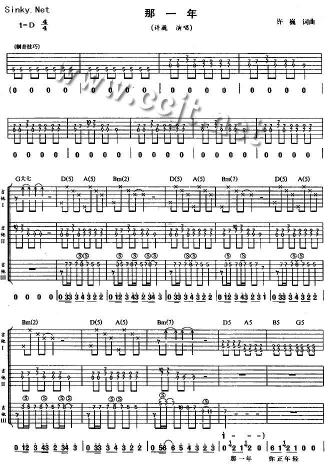 《那一年》上部份吉他谱 