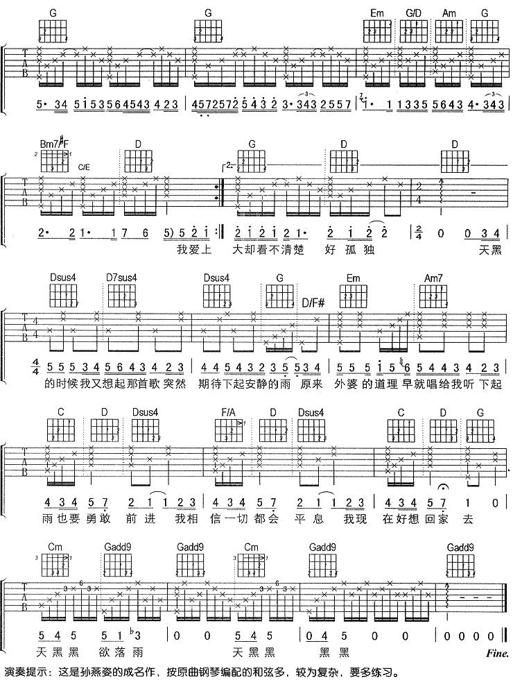 天黑黑 (孙燕姿)吉他谱 