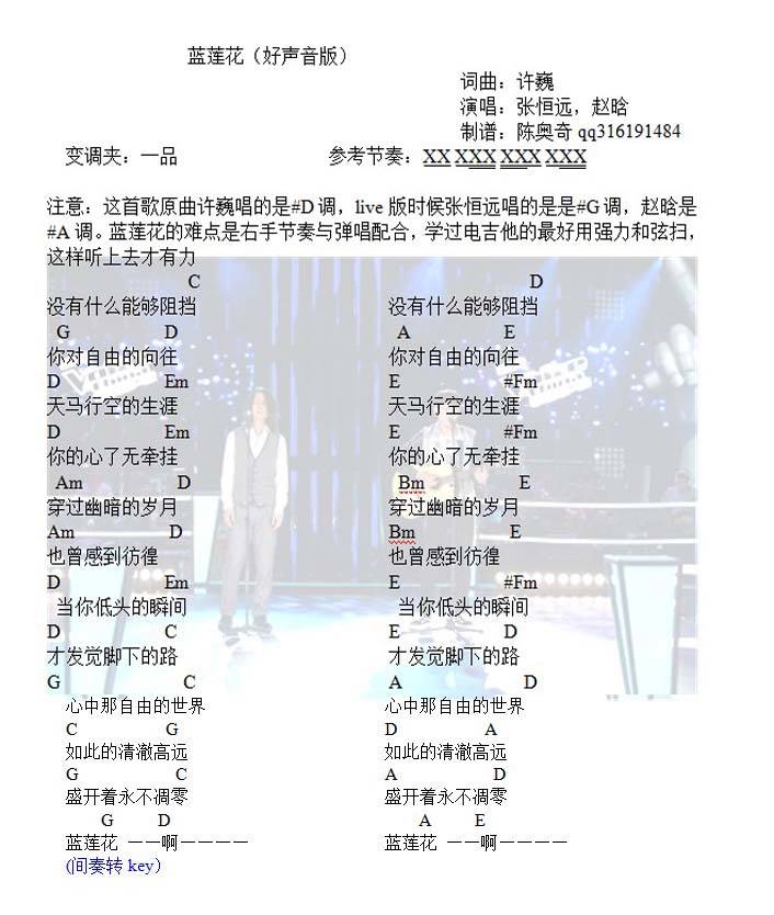 蓝莲花 好声音版吉他谱 