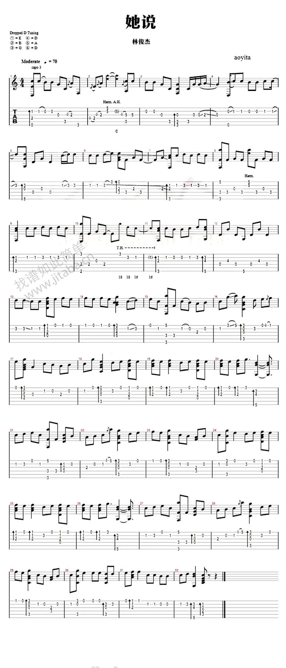 她说指弹吉他谱 