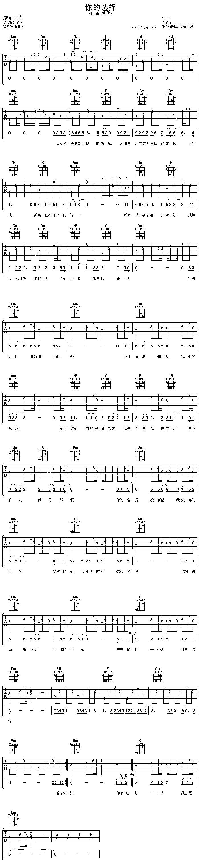 你的选择（易欣）吉他谱 