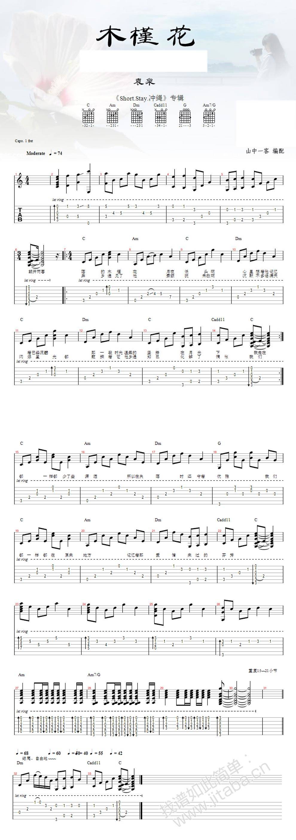 木槿花 C调吉他谱 