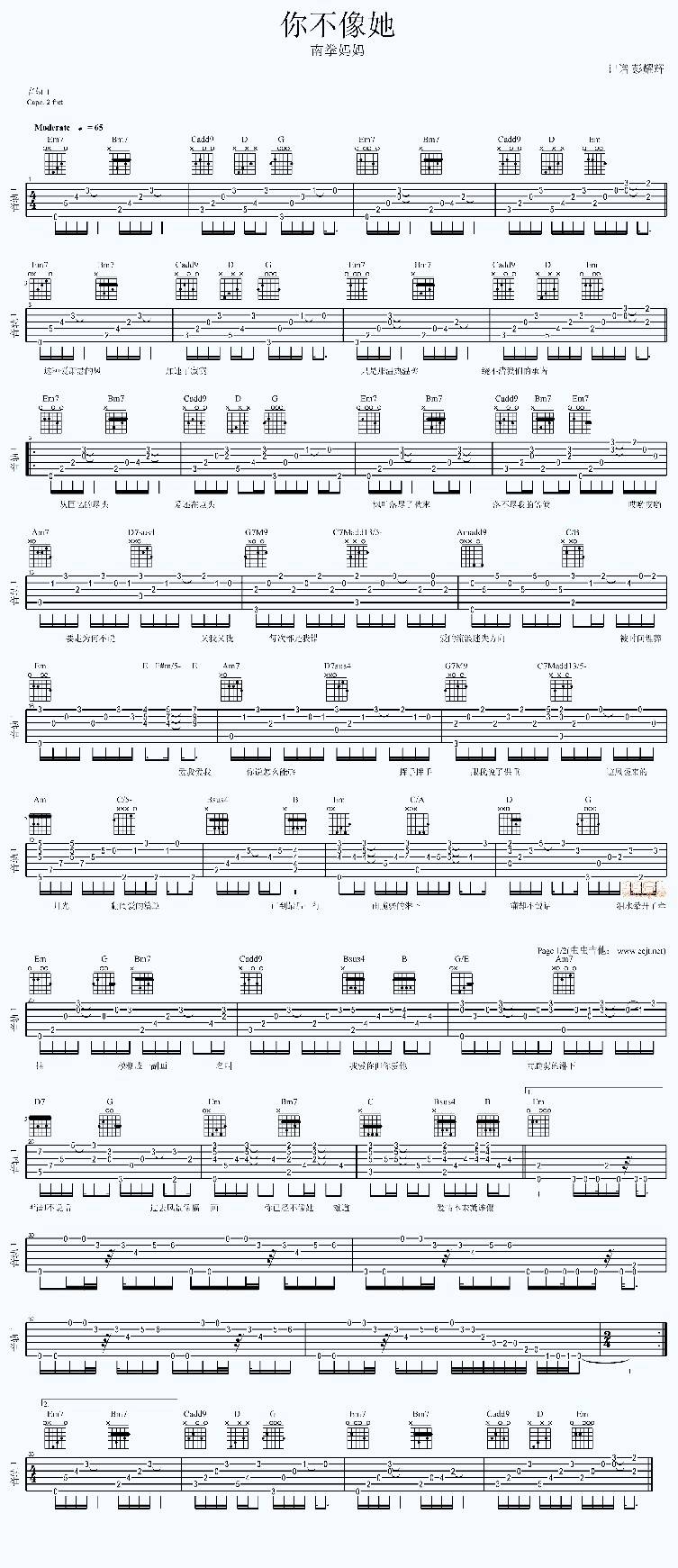 你不像她—南拳妈妈吉他谱 