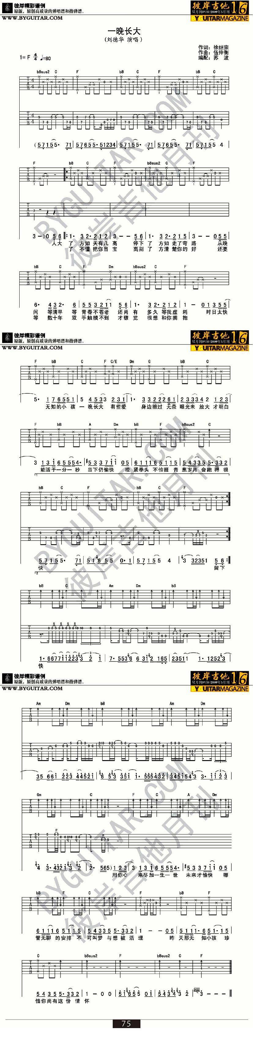 一晚长大－刘德华吉他谱 