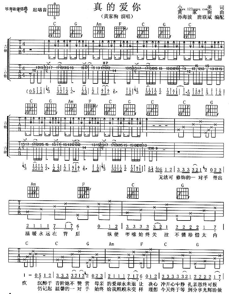 真的爱你(黄家驹)吉他谱