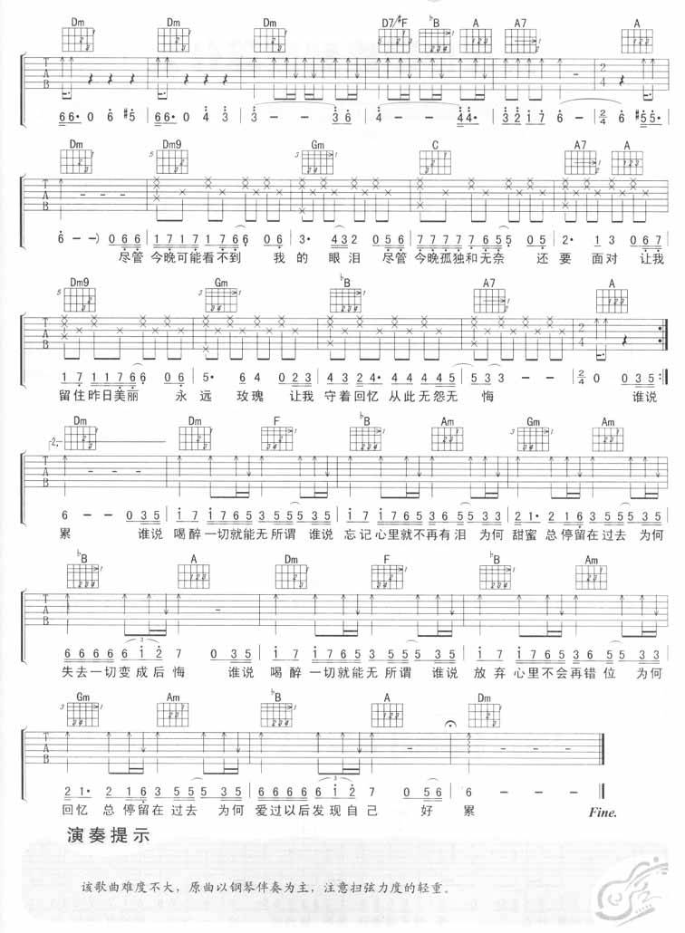 谁说喝醉就无所谓吉他谱 