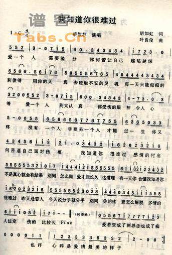 我知道你很难过 简谱版	吉他谱 