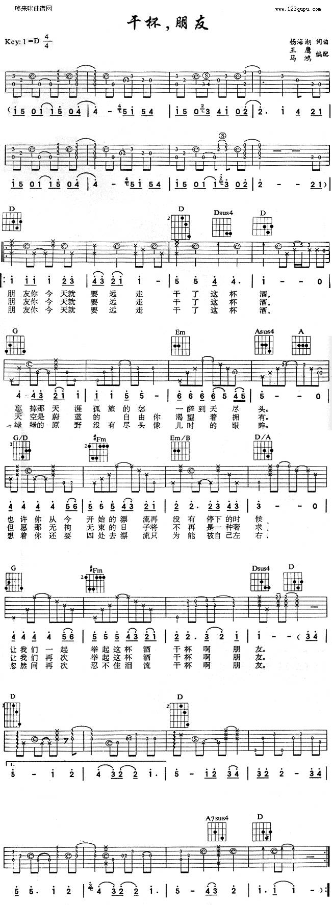 干杯朋友 (田震 )吉他谱 