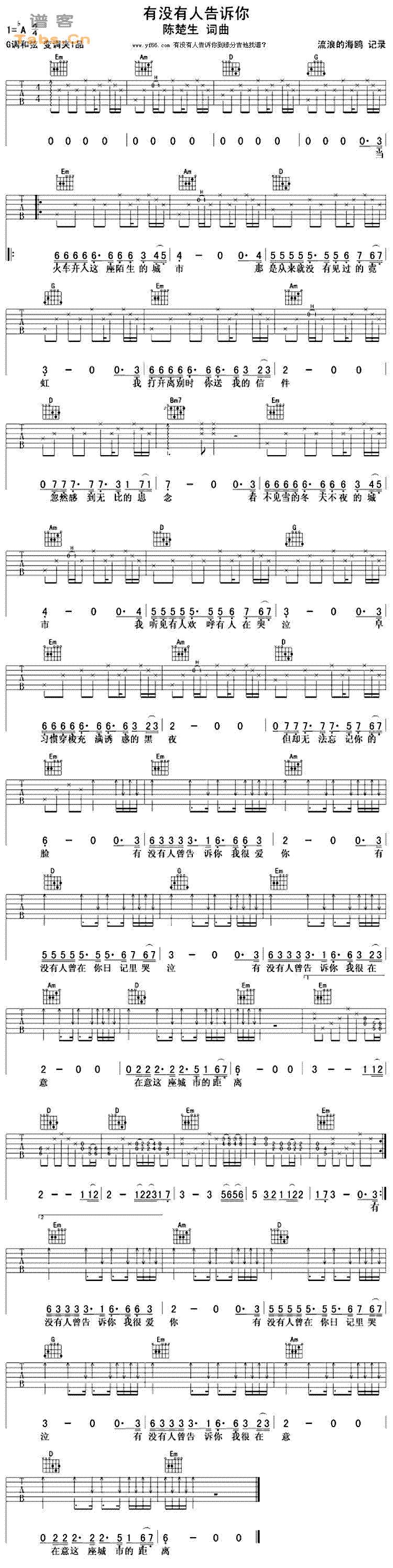 有没有人告诉你 六线吉他谱(完美版) 经典版	 