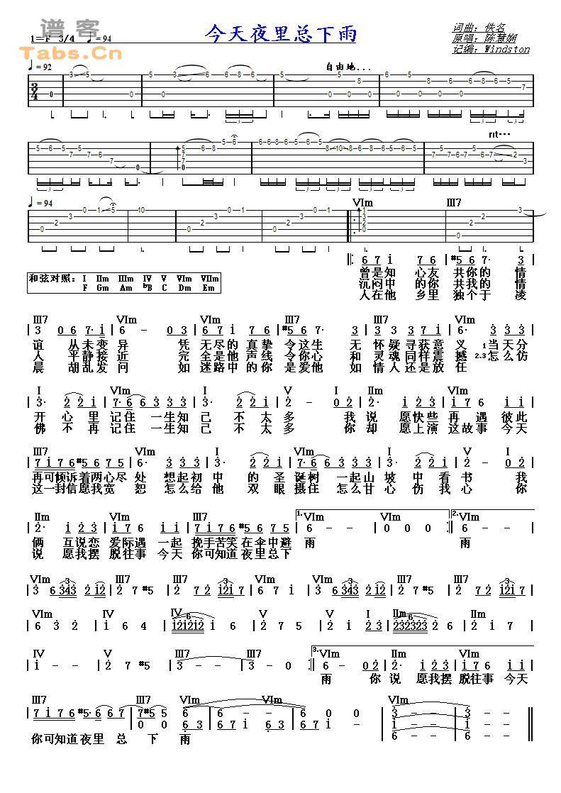 今天夜里总下雨 	吉他谱 