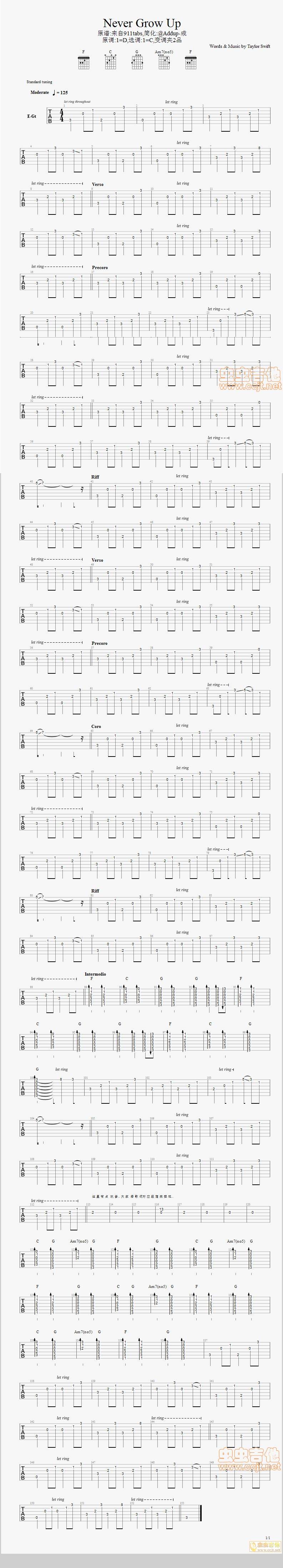 Never Grow Up吉他谱 