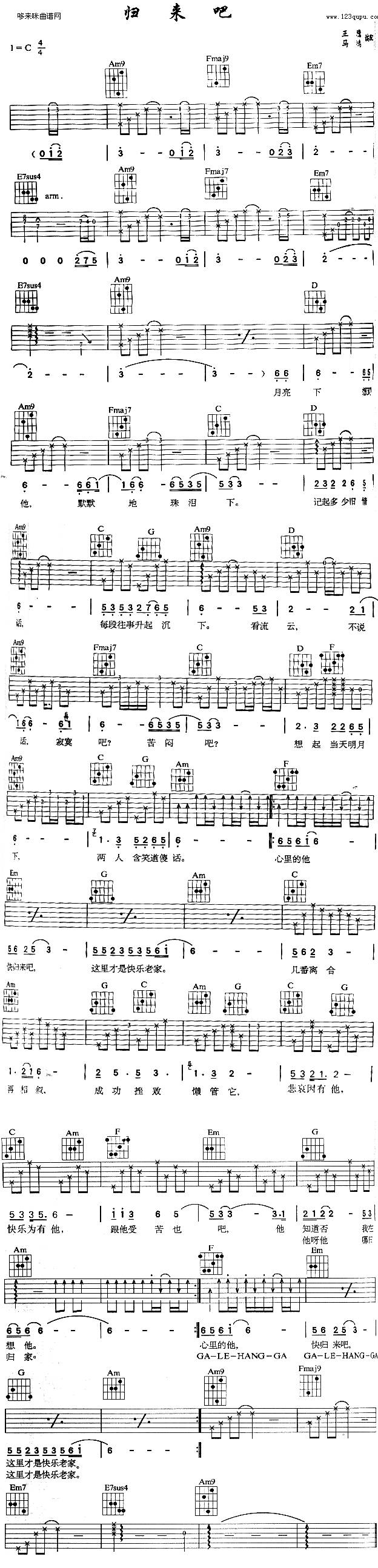 归来吧 (陈慧娴 )吉他谱 