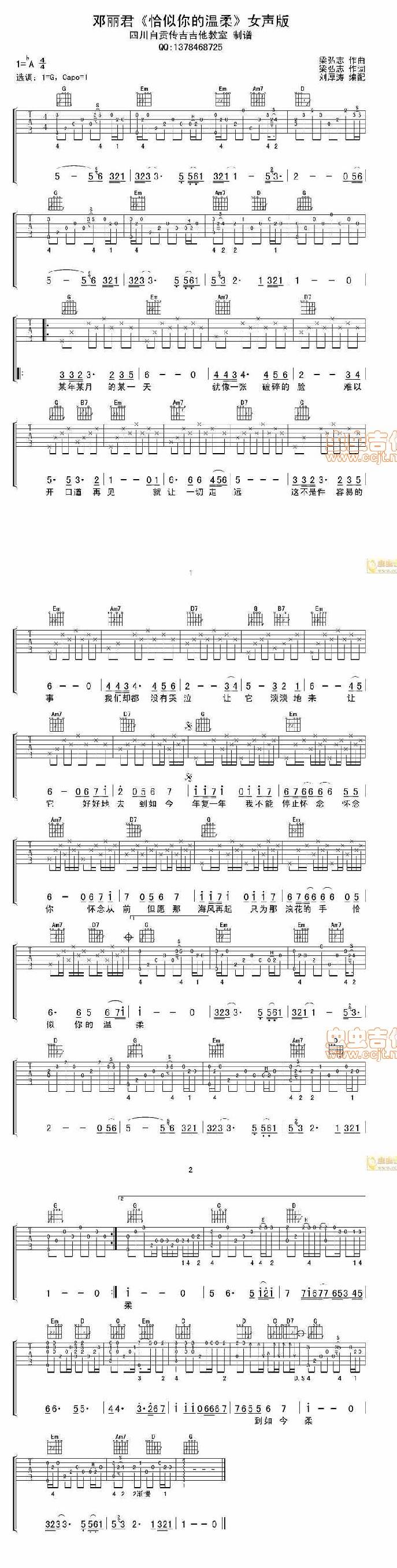 恰似你的温柔女声版吉他谱 