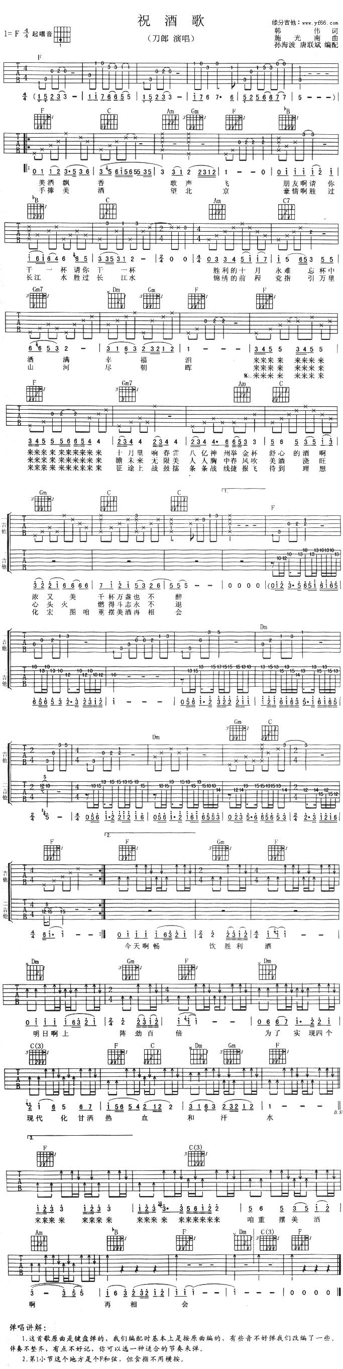 祝酒歌吉他谱 