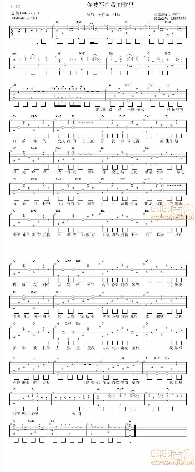 你被写在我的歌里-李雪编配吉他谱 
