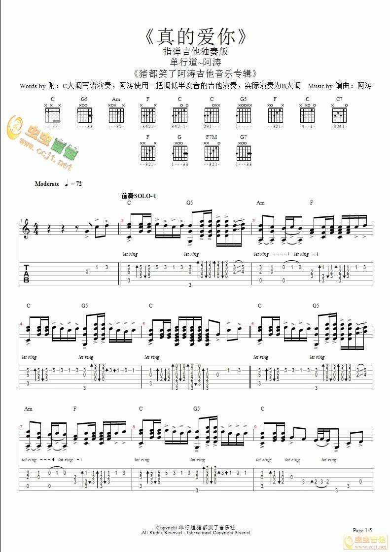 真的爱你 阿涛指弹独奏吉他谱