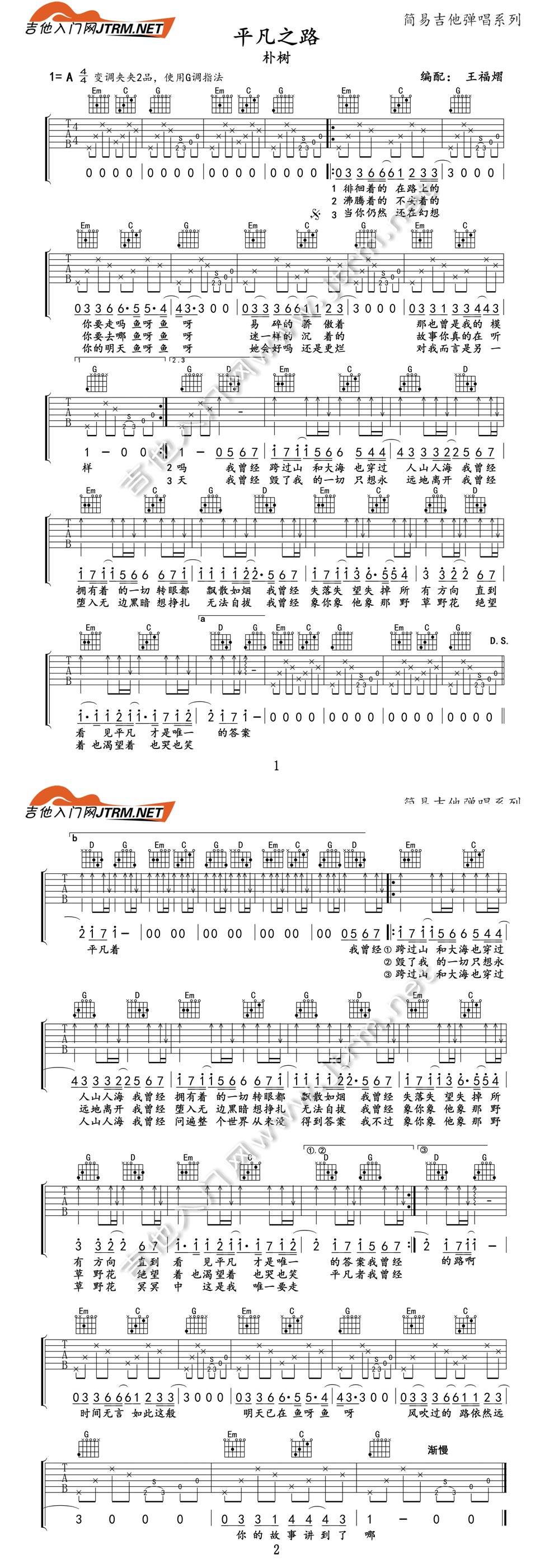 平凡之路 简易吉他弹唱吉他谱 