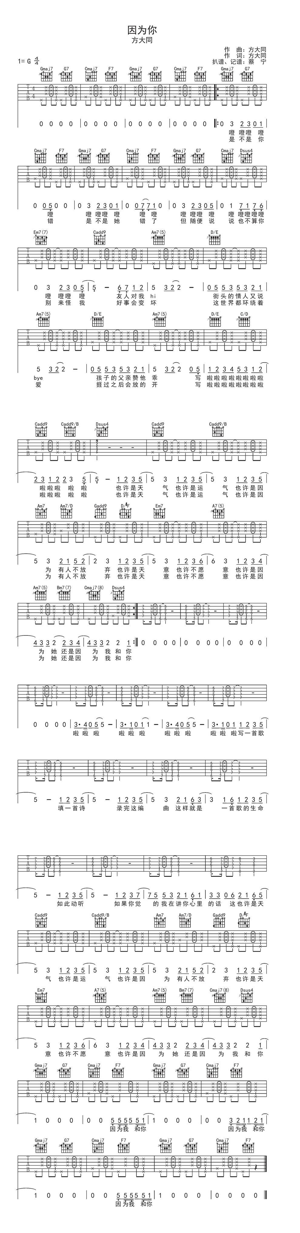 因为你吉他谱 