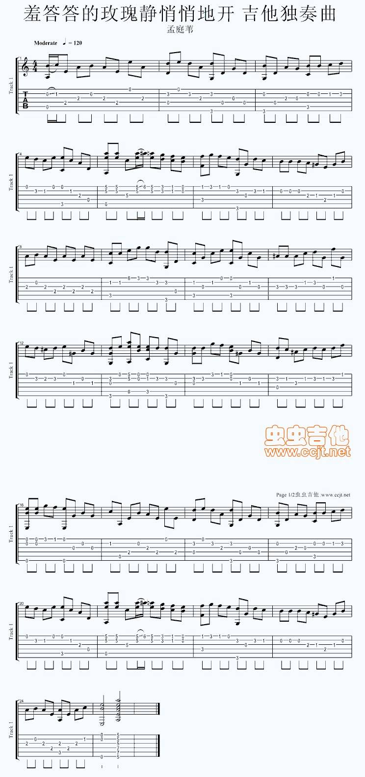 羞答答的玫瑰静悄悄地开独奏曲吉他谱 