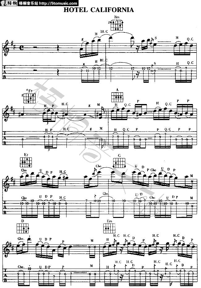 加州旅馆电吉他版吉他谱 