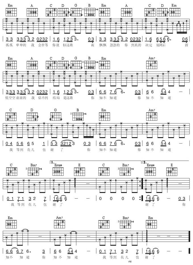 我等到花儿也谢了吉他谱 
