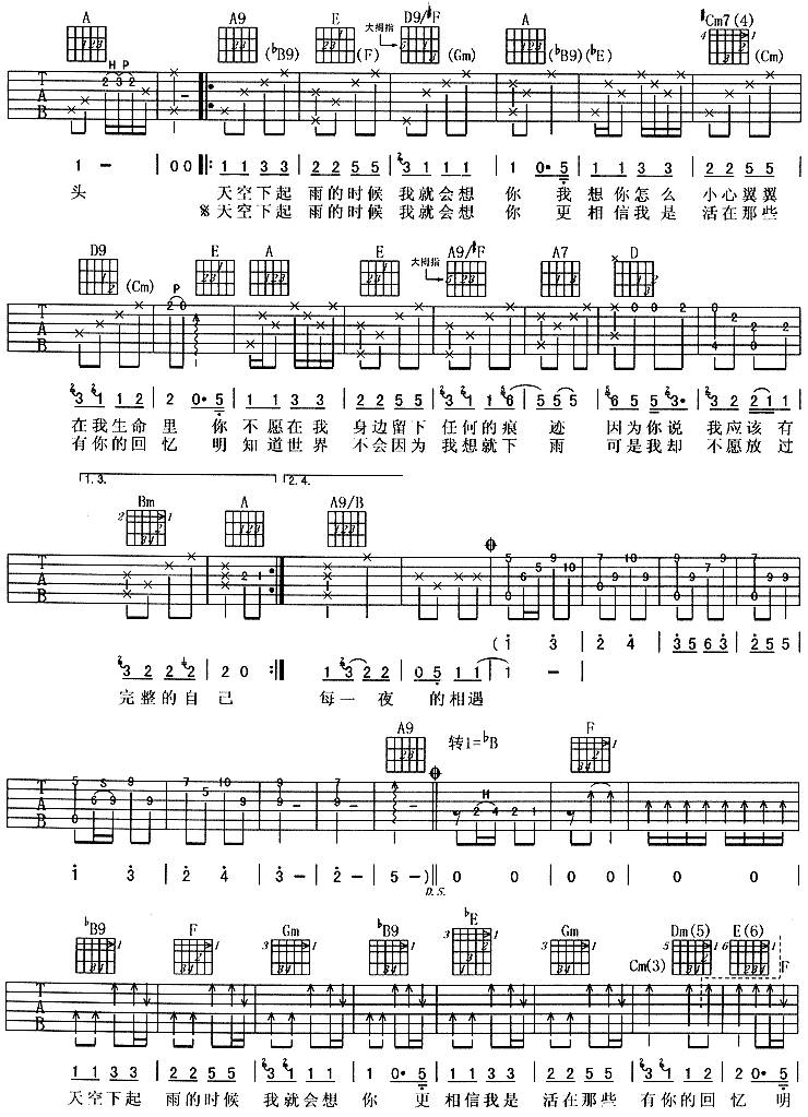 下雨的时候会想你-阿杜吉他谱