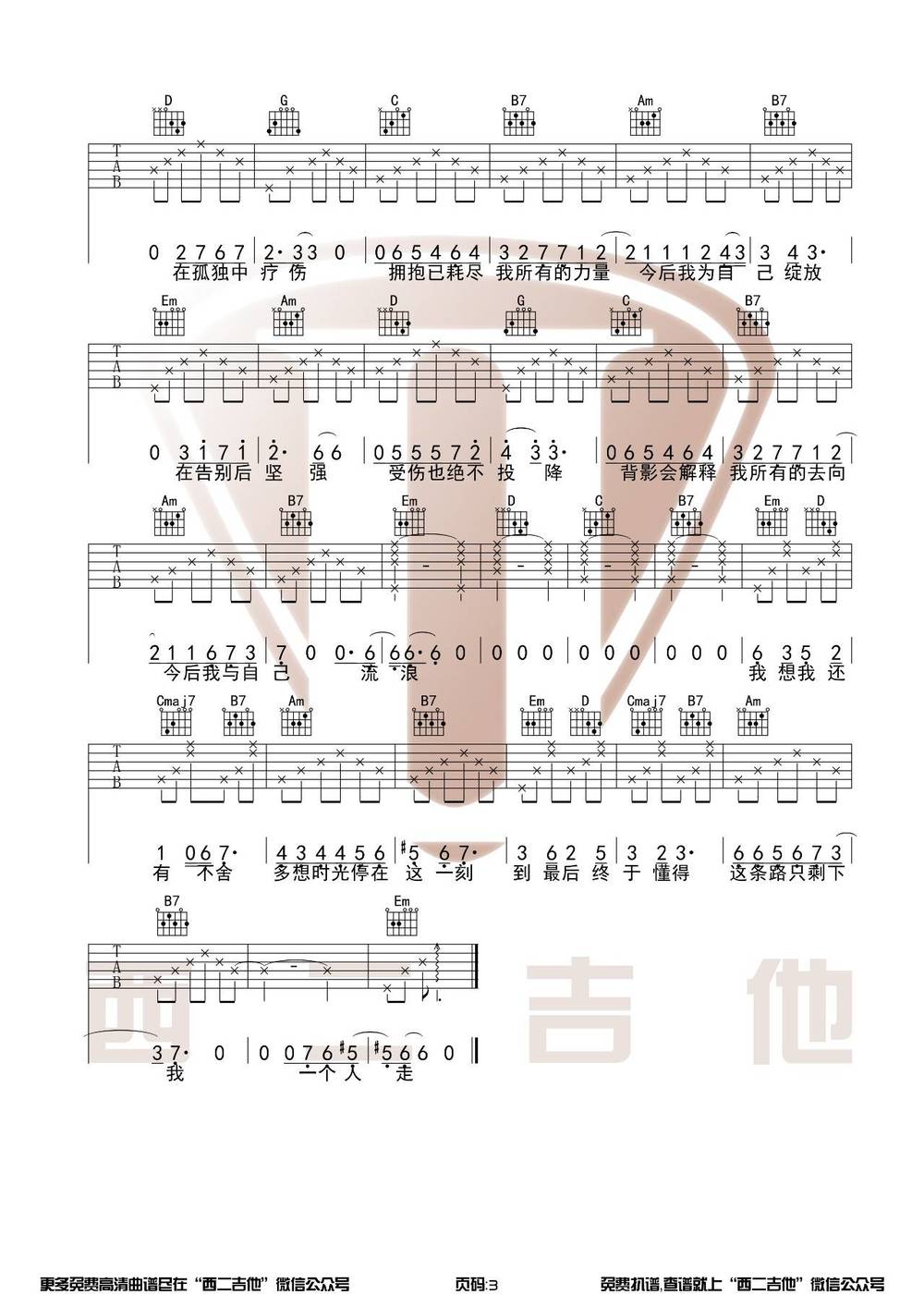 今后我与自己流浪吉他谱_G调版 