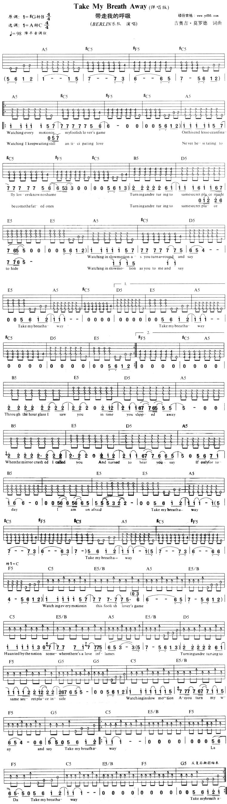 Take My Breath Away吉他谱 