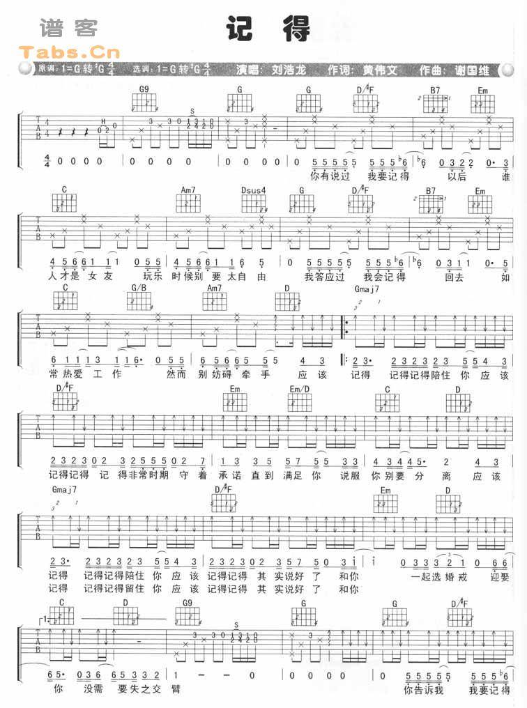 记得 完美版吉他谱 