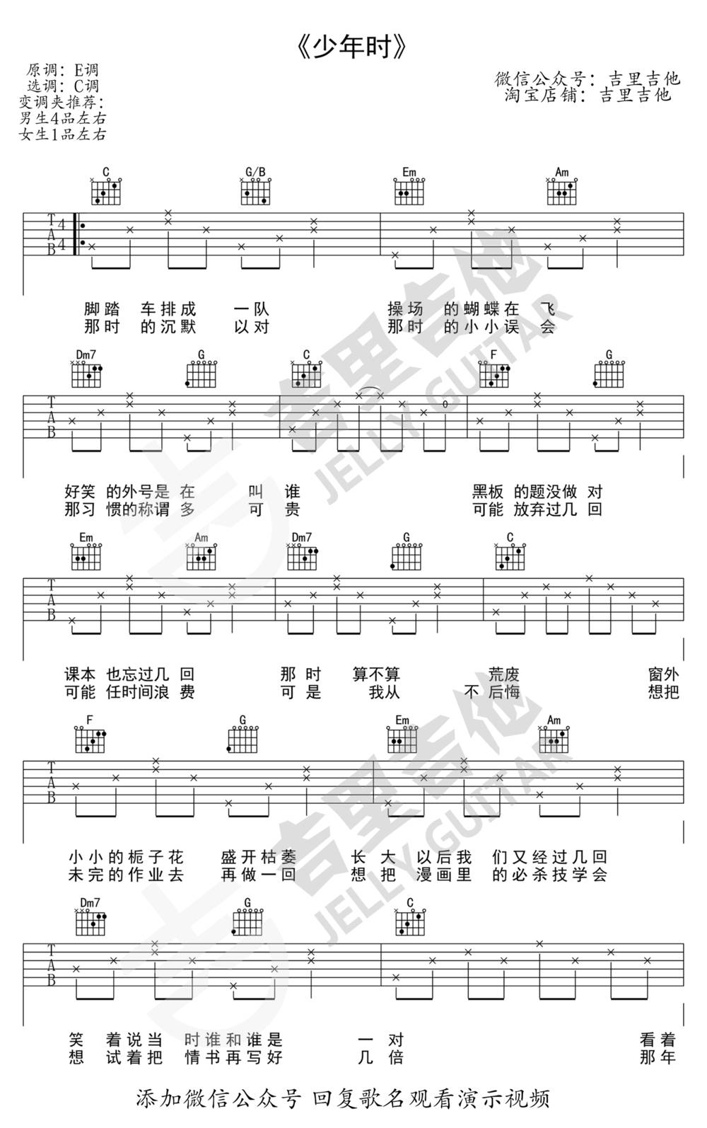 少年时吉他谱_C调版