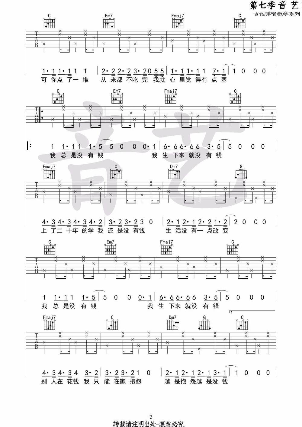 我总是没钱吉他谱_C调版