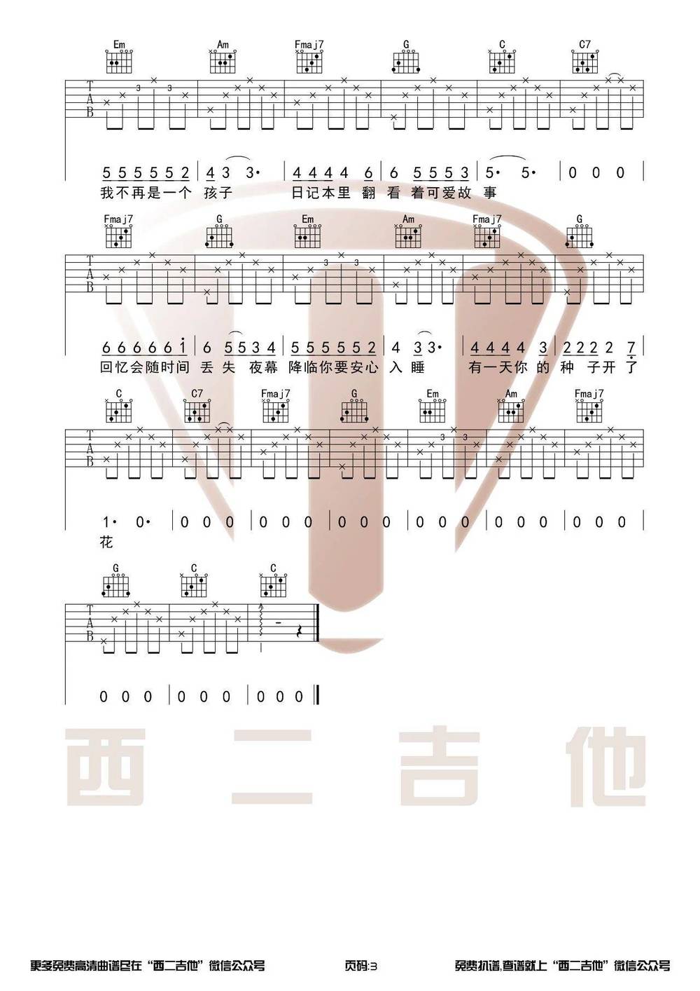 种子吉他谱_C调原版 