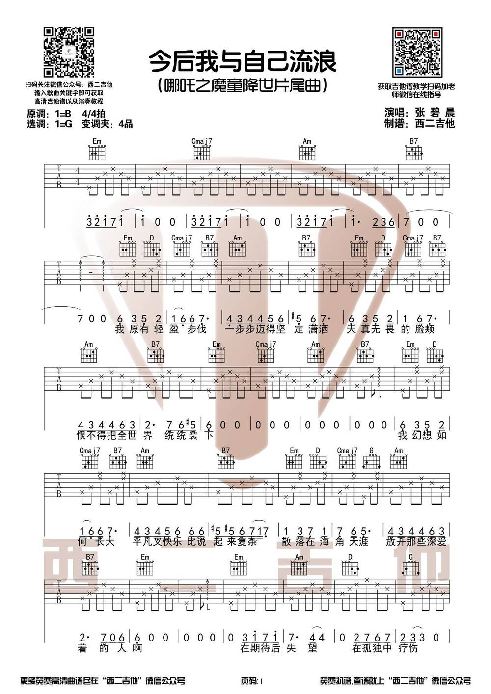 今后我与自己流浪吉他谱_G调版