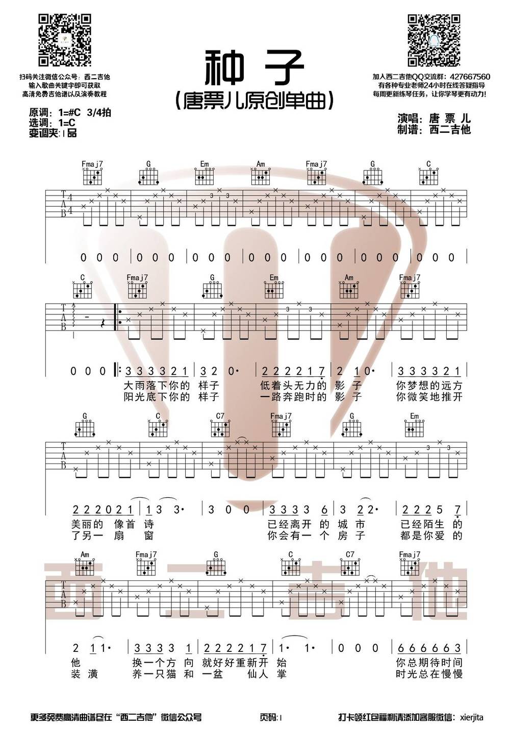 种子吉他谱_C调原版