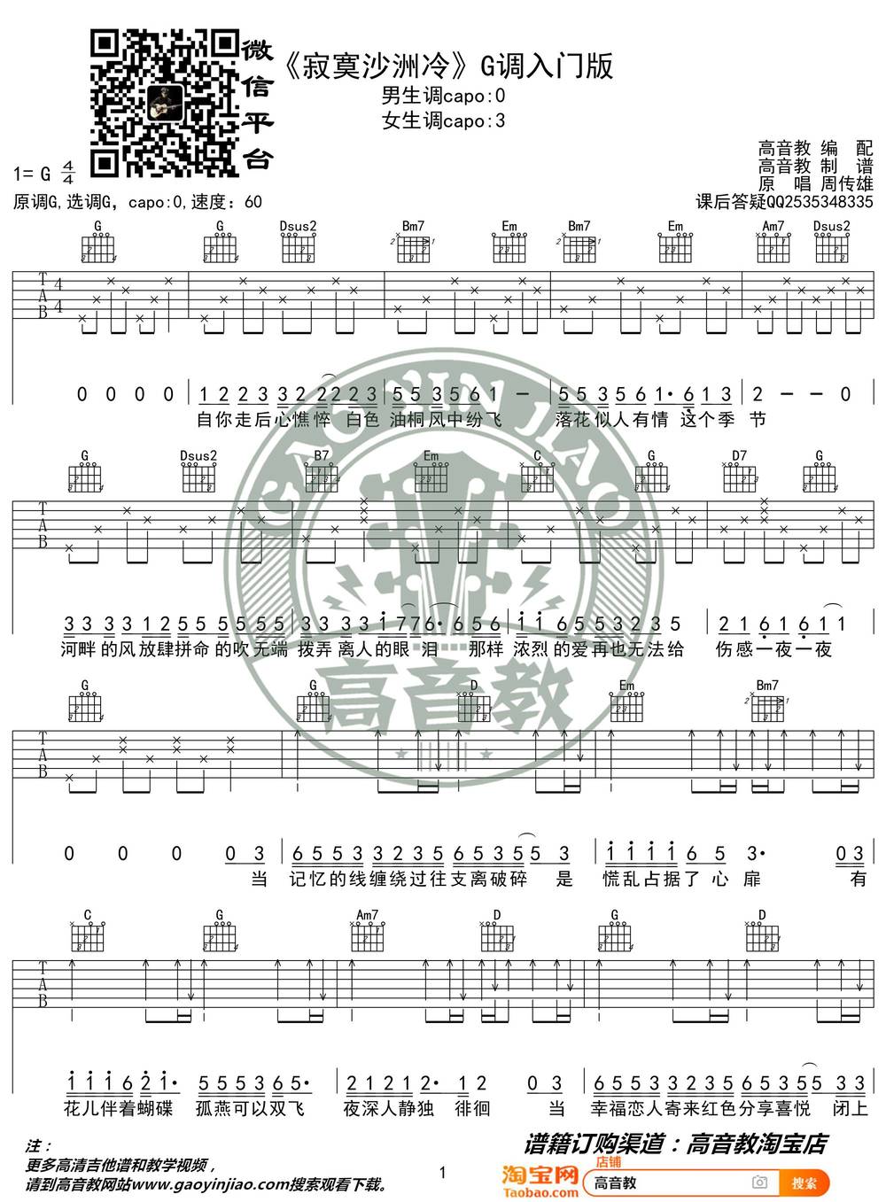 寂寞沙洲冷吉他谱_G调简单版