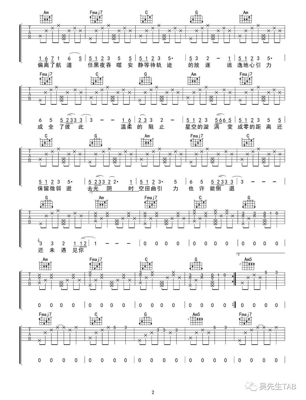 坠落星空吉他谱_C调版