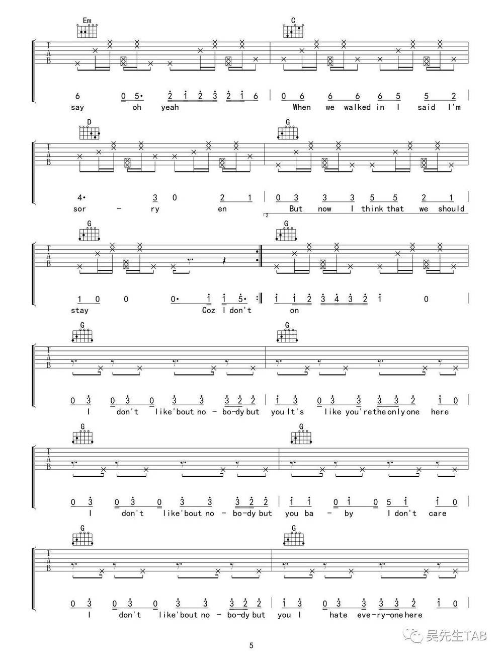 I Don't Care吉他谱_G调版