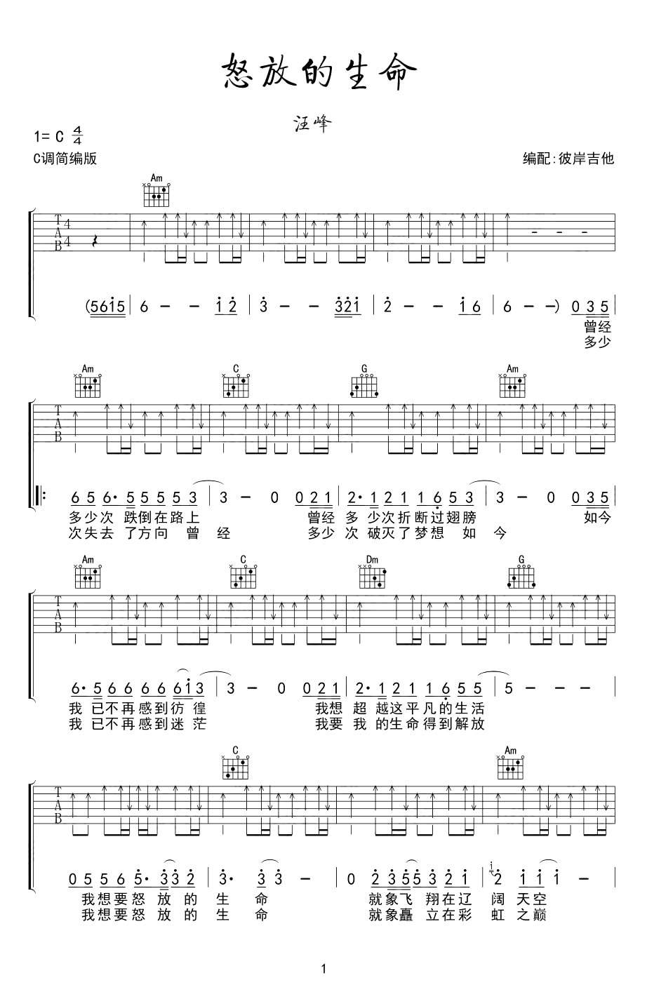 怒放的生命吉他谱C调简单版1
