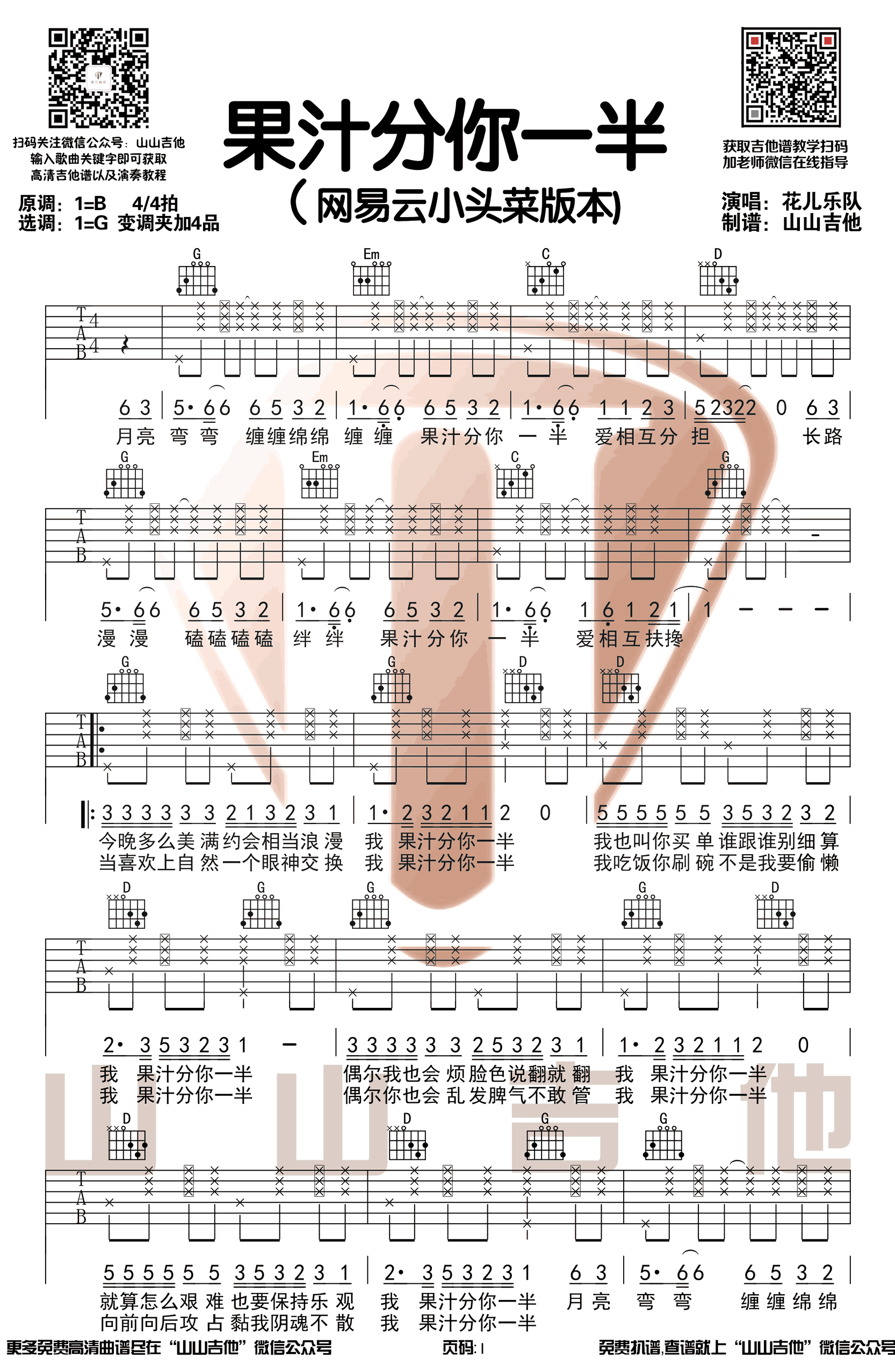 花儿乐队《果汁分你一半》吉他谱 网易云小头菜-1