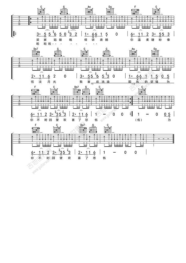 烟把儿 梁家姑娘吉他谱